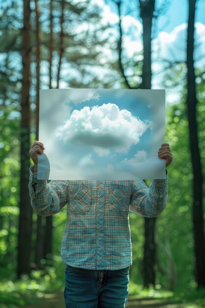 the child is holding a sheet of paper with a cloud selective focus