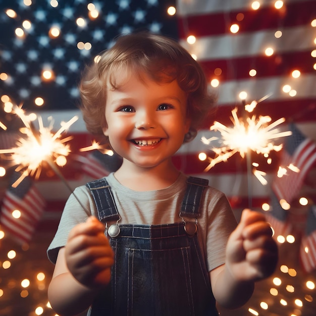 a child is holding sparklers in front of a flag