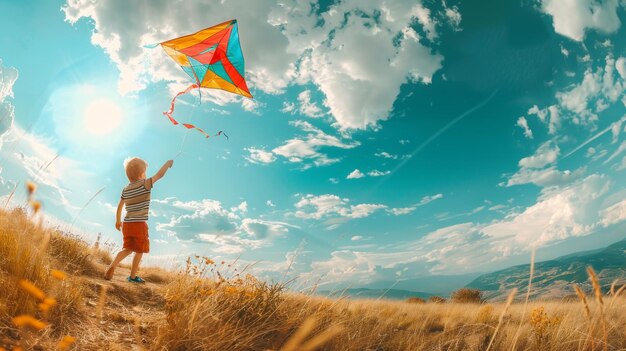 Photo a child is joyfully flying a kite on a sunny day in a field experiencing the freedom and bliss of a carefree childhood