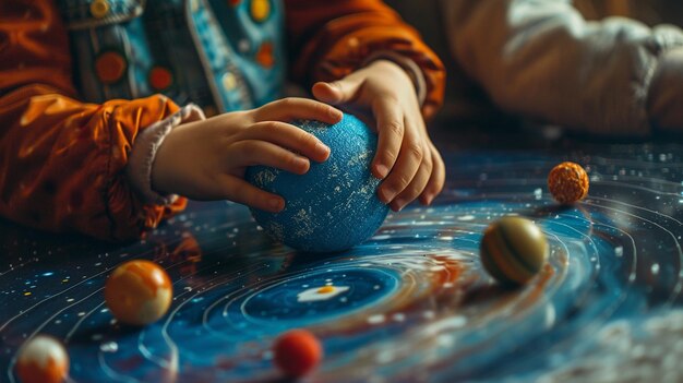 Photo a child is looking at a blue planet with the planets on it