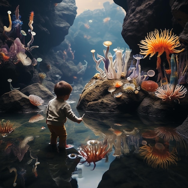 Photo a child is looking at a fish tank with the word quot sea quot on the bottom