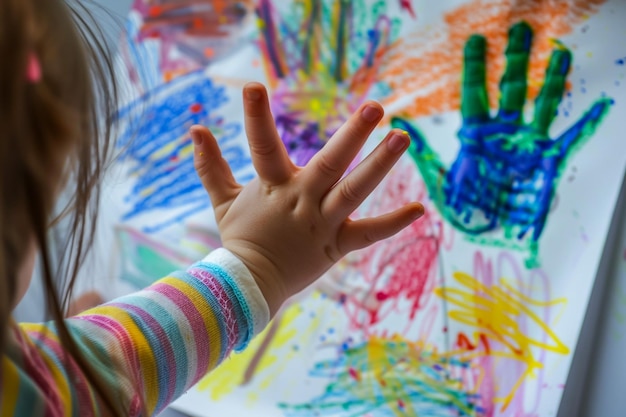 Photo a child is looking at a painting with the word quot hand painted on it