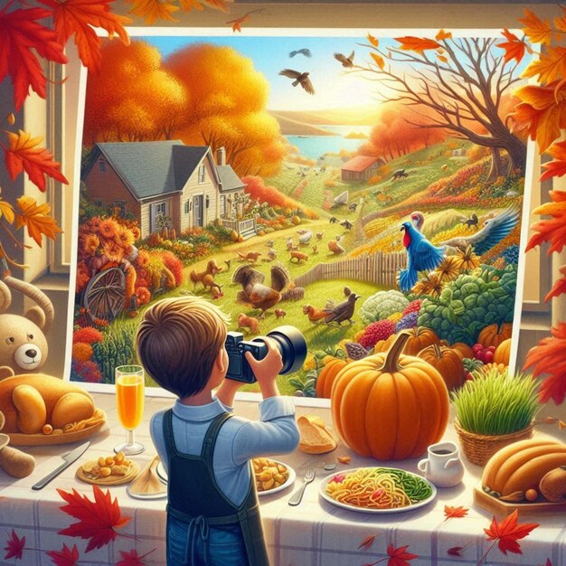 a child is looking at a pumpkin patch with a picture of a boy and a pumpkin