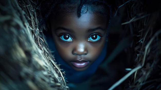 A child is looking up at a tree with blue eyes