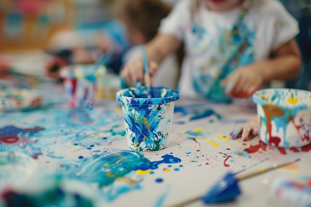 Photo a child is painting with paint on it