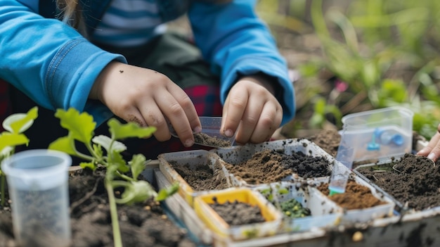 The child is planting seeds in the soil