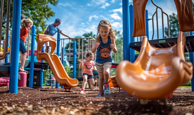 Photo a child is playing in a playground with a slide that says  m  on it