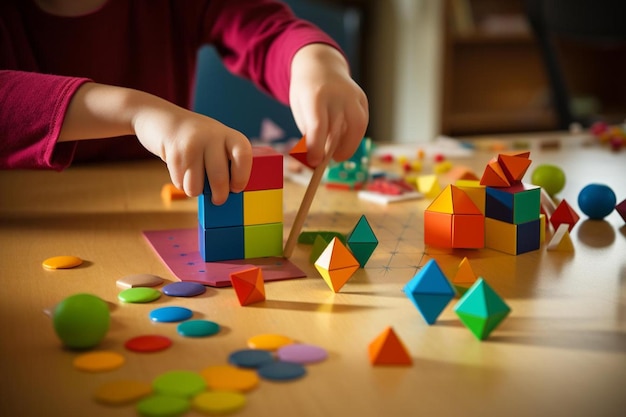 A child is playing with blocks on the floor.