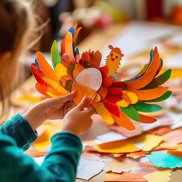 Photo a child is playing with a colorful paper bird