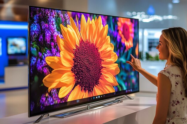 Photo a child is playing with a large flat screen tv