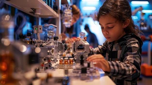 Photo a child is playing with a robot that has the word science on it