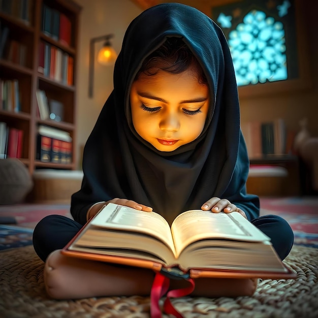 Photo a child is reading a book on the floor