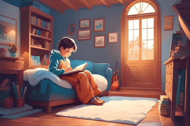 A child is reading book in a warm and cozy room