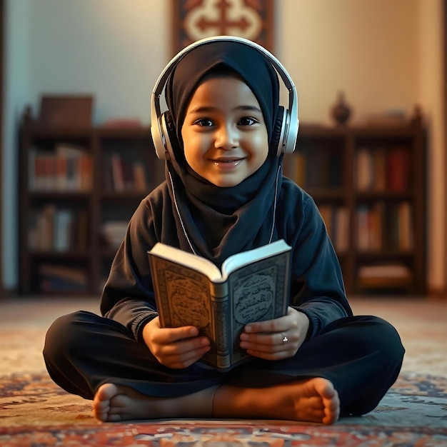 a child is sitting on the floor and reading a book