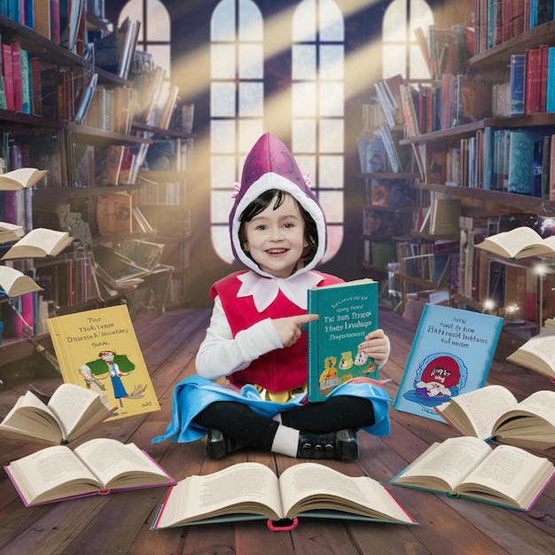 a child is sitting on the floor with a book titled quot the little elf quot