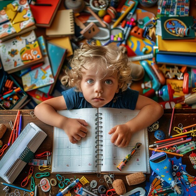 a child is sitting in front of a pile of toys and a book with a pencil on it