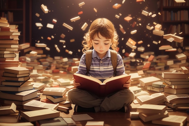 Photo a child is sitting on a pile of books with the words the word on the bottom