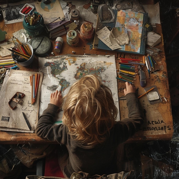 a child is sitting at a table with a map on it