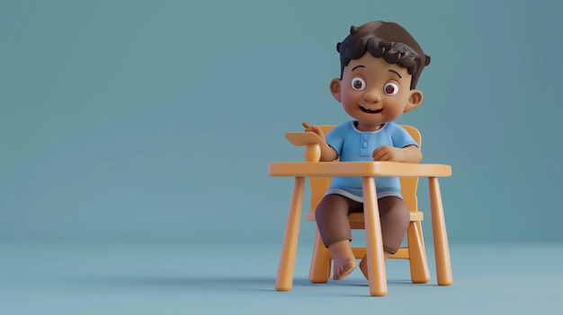 a child is sitting on a wooden chair with a blue shirt that says hes sitting on it