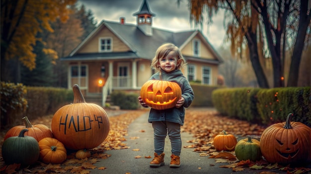 a child is standing in front of a house with pumpkins on it