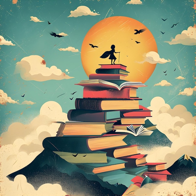 a child is standing on tower of books in the style of mystical creatures and landscapes