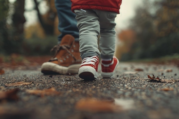 a child is walking on a wet sidewalk with a man wearing a red jacket