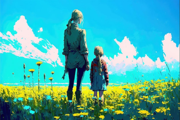 The child is walking with his mother Woman and her child standing on the meadow looking forward at the horizon Digital art style illustration painting