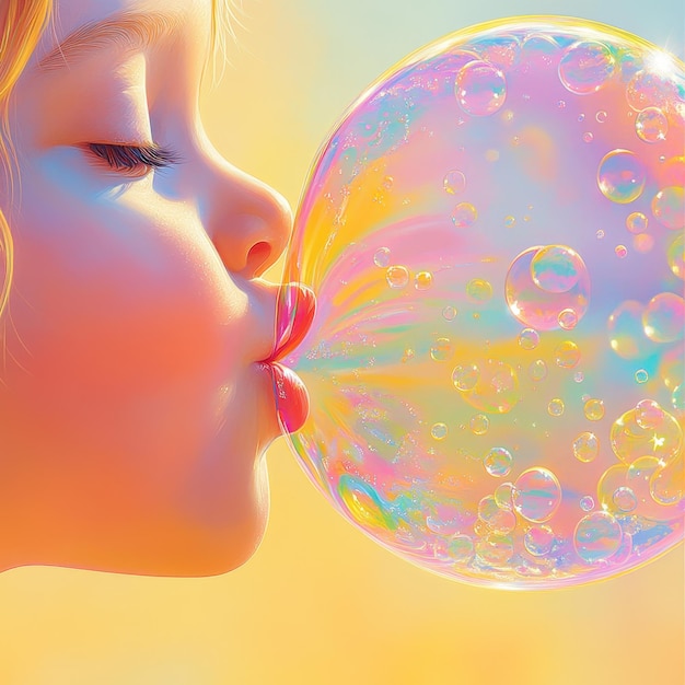 A child joyfully blows a colorful bubble against a bright sunset backdrop