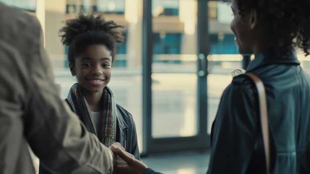 A child joyfully greets someone with a bright welcoming smile