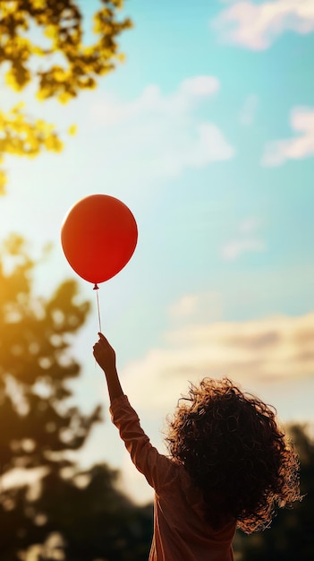 Photo a child joyfully holds a red balloon against a vibrant sunset capturing the essence of childhood and carefree moments