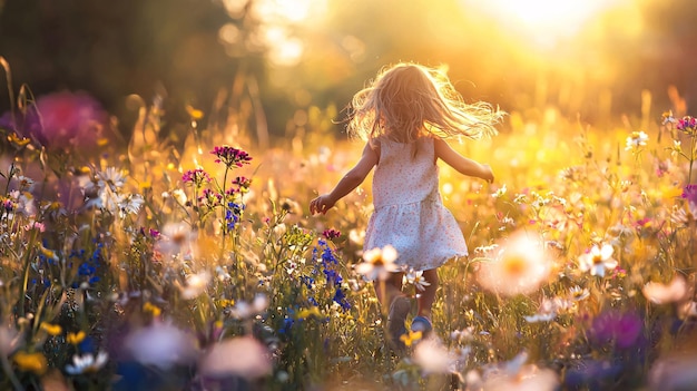 Photo child joyfully running through vibrant wildflowers in a sunlit field embracing freedom k