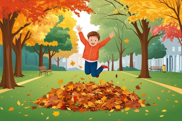 Photo a child jumping into a pile of leaves in an autumn park