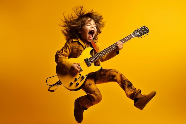 A child jumping playing guitar and singing on a yellow background Generative Ai