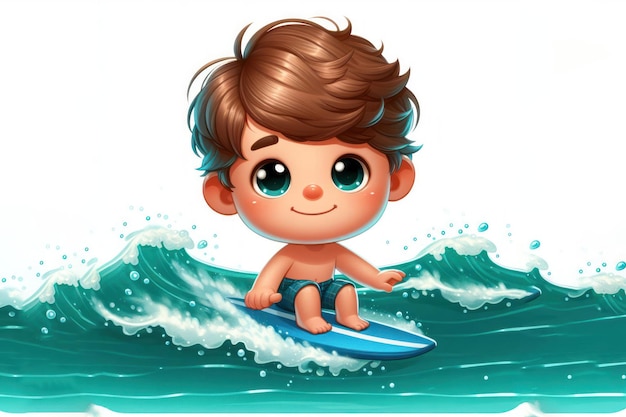 child kid boy surfing and swimming in the sea ocean isolated on a white background