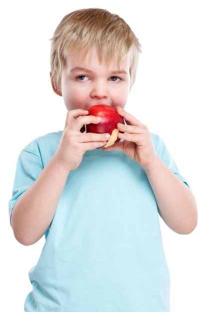 Child kid eating apple fruit autumn fall healthy portrait format isolated on white