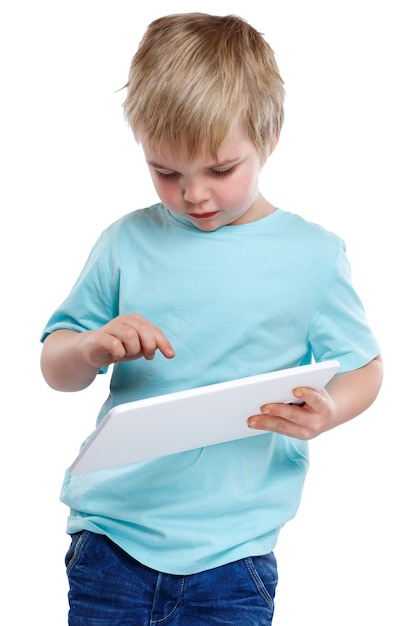 Child kid young little boy typing showing on tablet computer internet