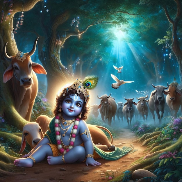 child krishna playing flute between cows with serenity beautyful smiling face