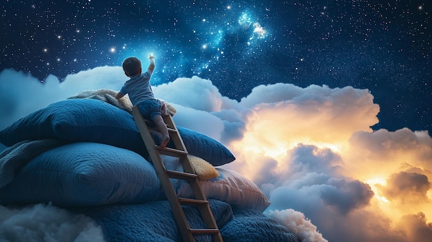 Photo a child on a ladder is climbing a cloud with the words  do not know what you want