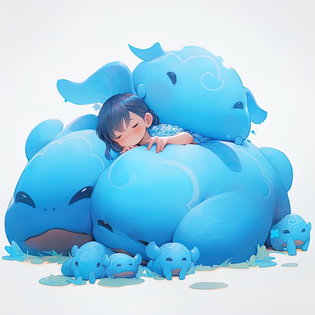 a child laying on a blue animal with the word  the whale  on the bottom