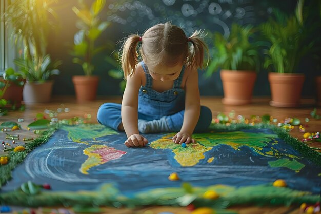 Photo child learning geography indoors with world map educational playtime concept