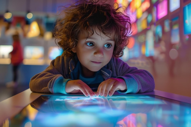 Photo child learns on tablet under enchanting glow of night lights in her room