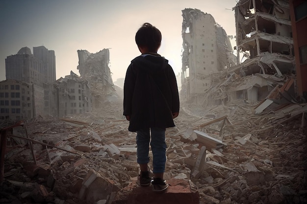 Child looking at buildings and cityscape destroyed in the earthquake Tragedy upset hopelessness Generative AI