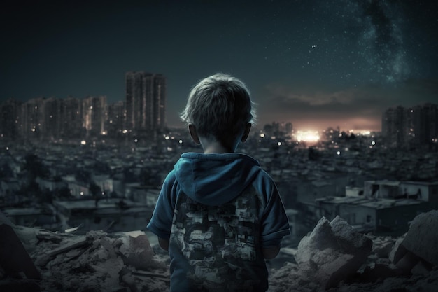 Child looking at buildings and cityscape destroyed in the earthquake Tragedy upset hopelessness Generative AI