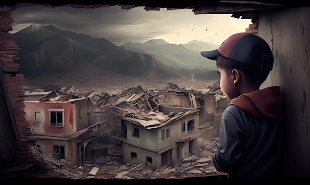 Child looking at buildings and cityscape destroyed generative AI