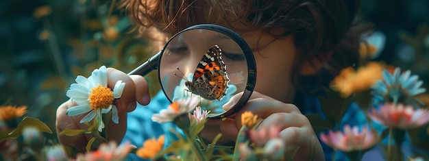 Photo child looking at a butterfly through a magnifying glass generative ai