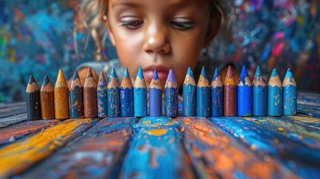 Photo child looking at colored pencils