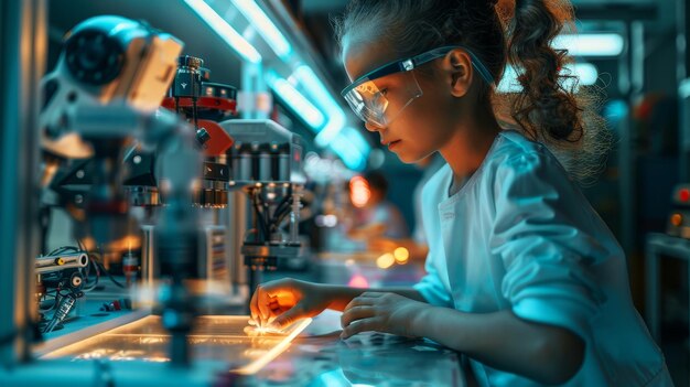 a child looking at a microscope with a blue background