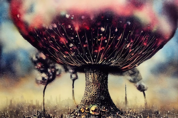 Child looking on Nuclear Mushroom Huge Bomb Explosion in City digital art style illustration painting