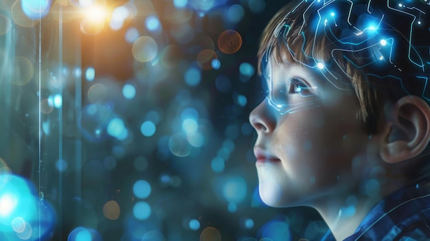 Photo a child looking out a window with the light on his face