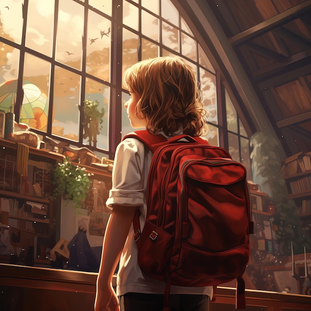 a child looking out a window with a red backpack